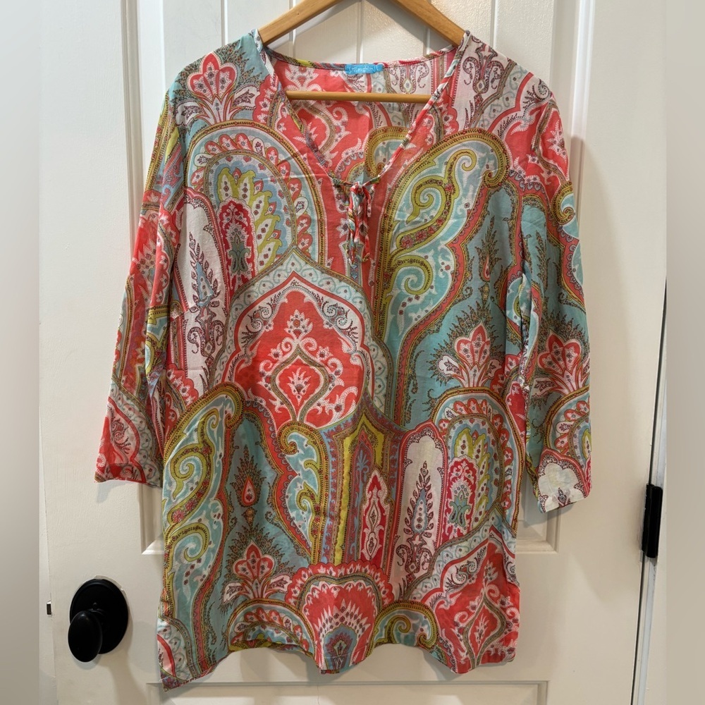 J McLaughlin Colorful Tunic Sheer Coverup Size Large